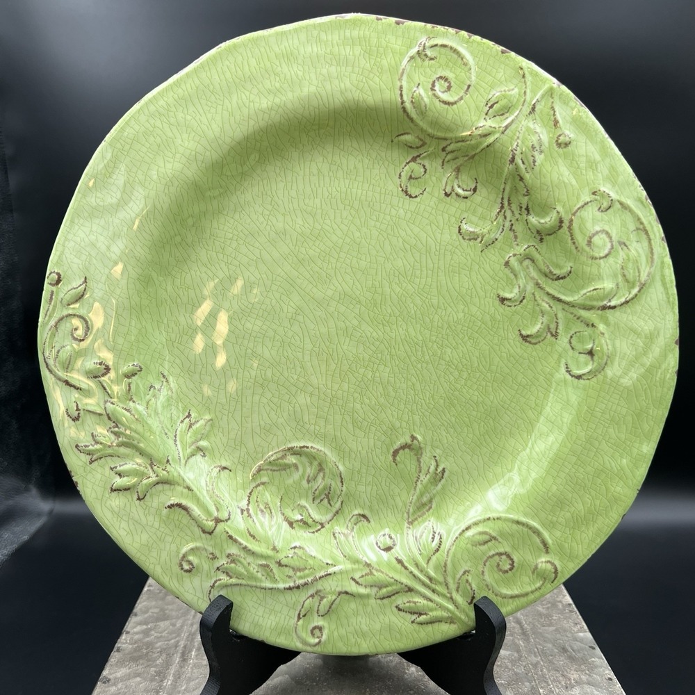 Set of 8 Nicole Miller Melamine Dinner Plates 11" Green Medallion Scroll Crackle